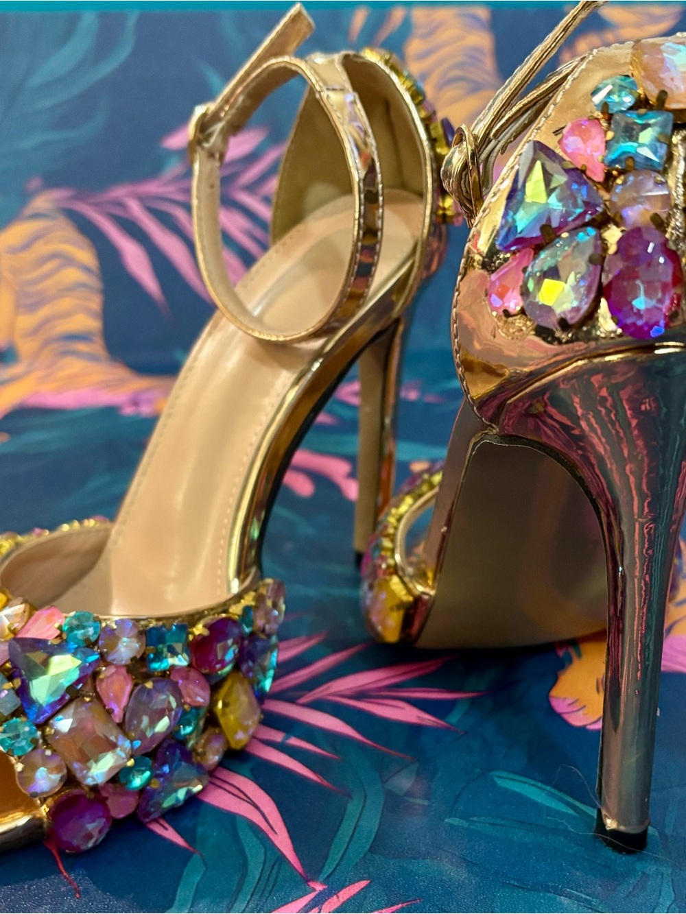 Gold Jeweled High Heel Sandals - Women